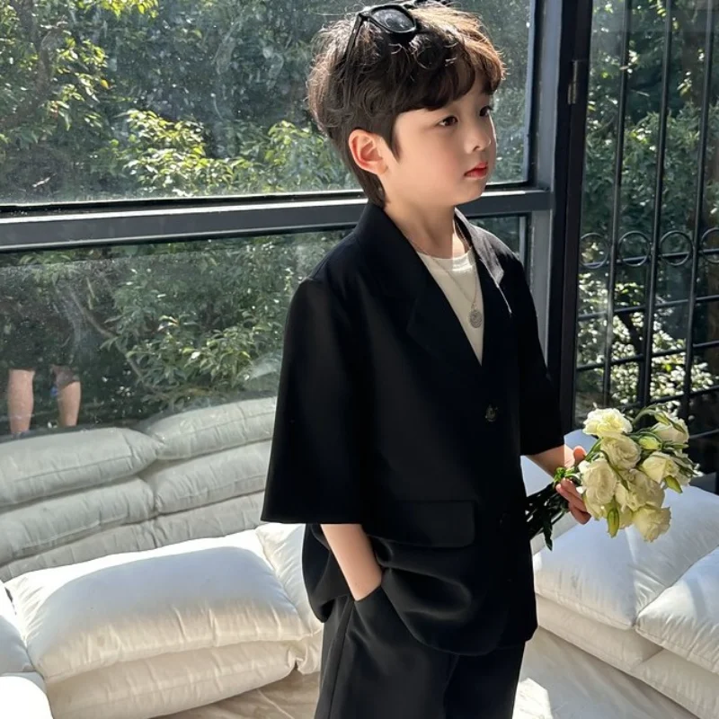 High Quality Boys' Blazer Suit Set Summer New Thin Casual  Baby Boy Single Breasted Korean Black Short Sleeve Coat+ Shorts 2pcs 1