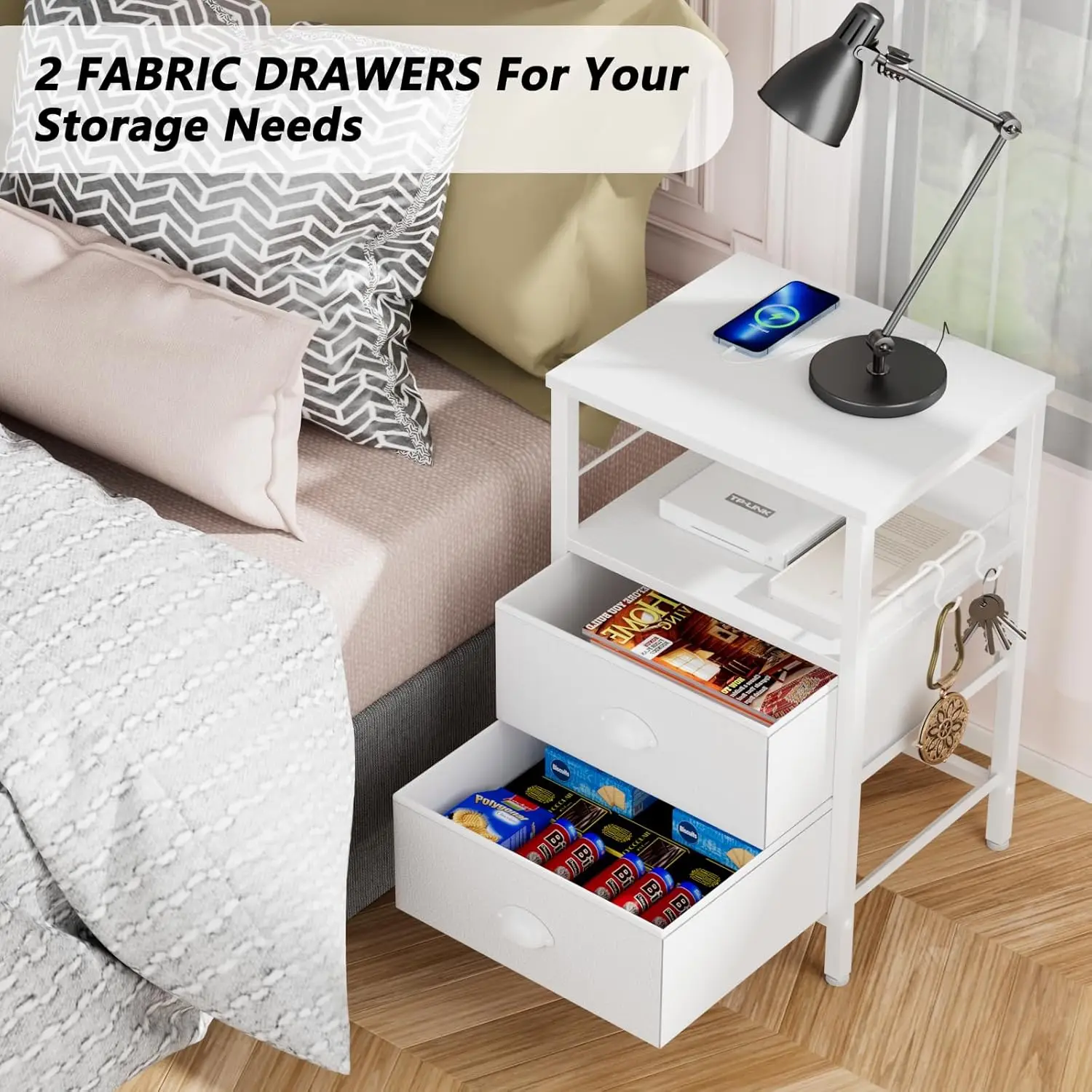 Nightstands Set of 2, End Tables with Charging Station and USB Ports, Side Tables with 2 Fabric Drawers, Night Stands