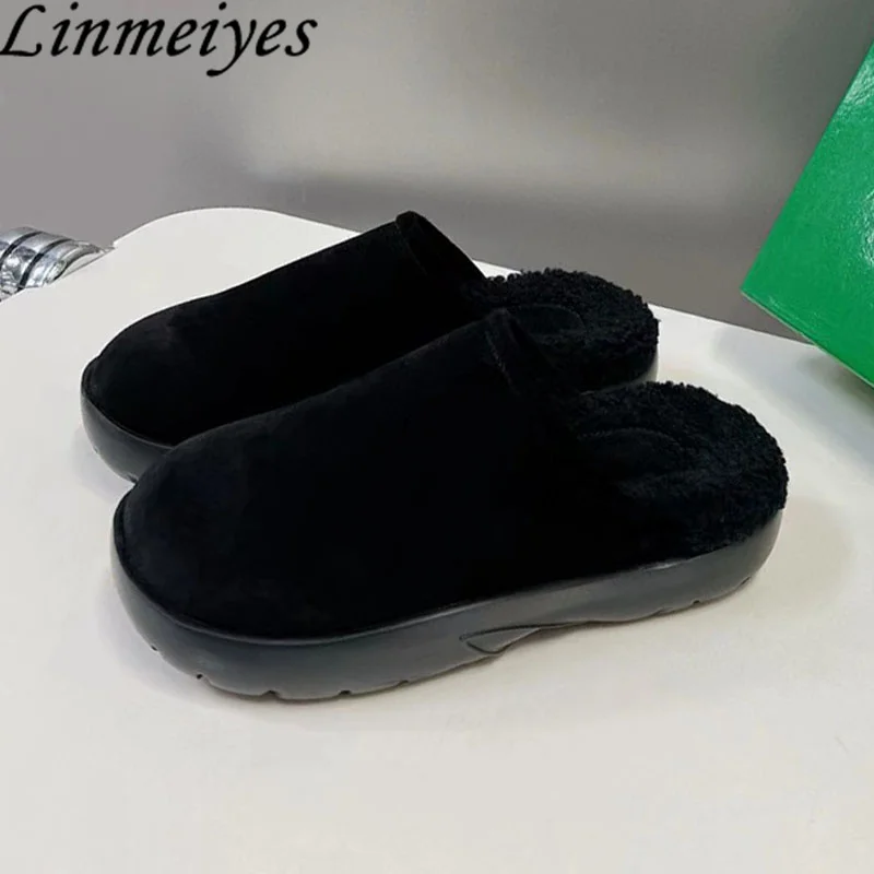 

New Wool Slippers Woman Cow Suede Round Toe Comfort Flat Slides Woman Thick Sole Mules Shoes Winter Outdoor Slippers Women