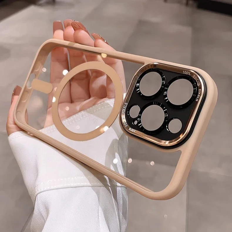 Luxury Magnetic Metal Lens Bumper Protection Case with Magsafe Acrylic Translucent Cover