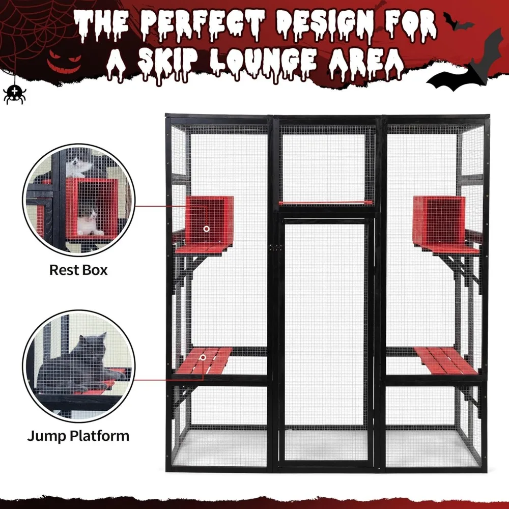 70Inches Large Spacious Wooden Catio Outdoor Cat Enclosure with Perches and Condos, Cat Cage Indoor with Waterproof Roof
