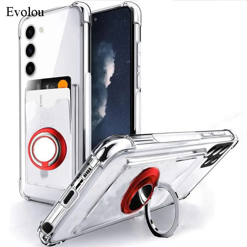 Transparent Phone Case with Wallet Card Slot and Ring Stand Holder - Soft Silicone Back Cover