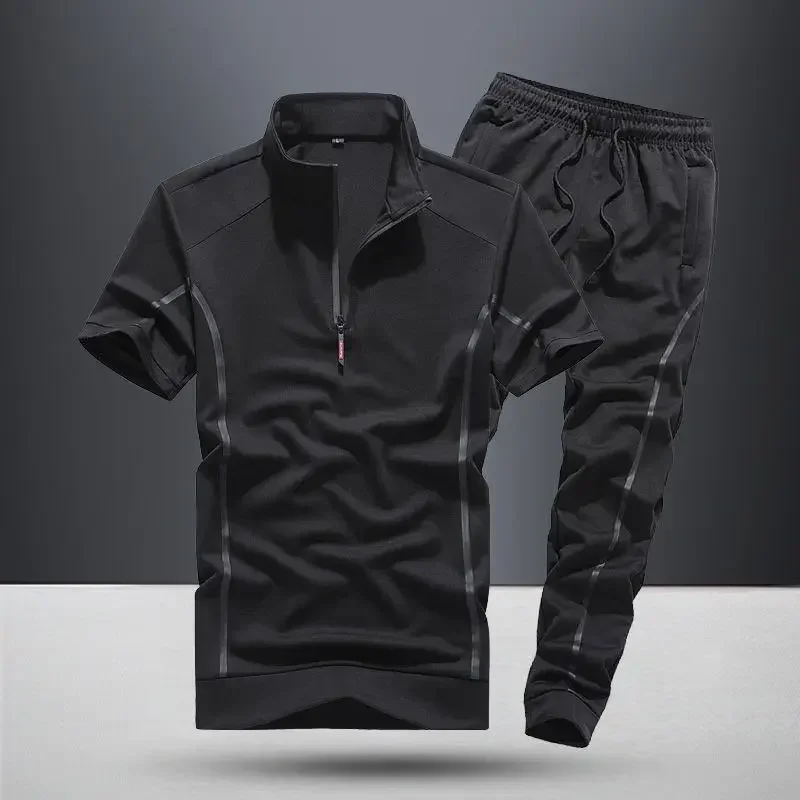 thumbnail image 1 of Conjunto de pantalones deportivos lisos para hombre, conjunto de camiseta y pantalones de nailon negro para hombre, conjuntos de dos piezas coreanos de lujo y elásticos sueltos, talla 5xl y xl, 1 of 5
