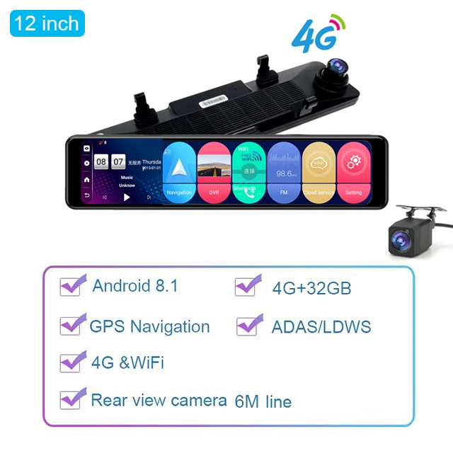 12'' 4G Android 8.1 Car DVR Mirror 4G+32G ADAS Dash Camera HD GPS Dual Len Dashcam Smart Rearview Mirror Auto Recorder Dashboard reversing camera mirror DVR/Dash Cameras