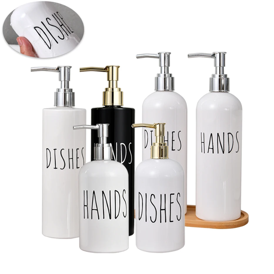 Maisonovo Set Dispenser Per Sapone E Piatti In Ceramica – 2 Flaconi Vetro 500 Ml, Pompe Acciaio Nero, Vassoio E 16 Etichette Impermeabili