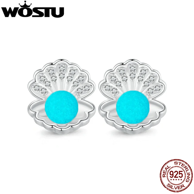 

WOSTU 925 Sterling Night Pearl Shell Luminous Stud Earrings Women Elegant Party Glow in the dark Studs Pendientes Jewelry Gift