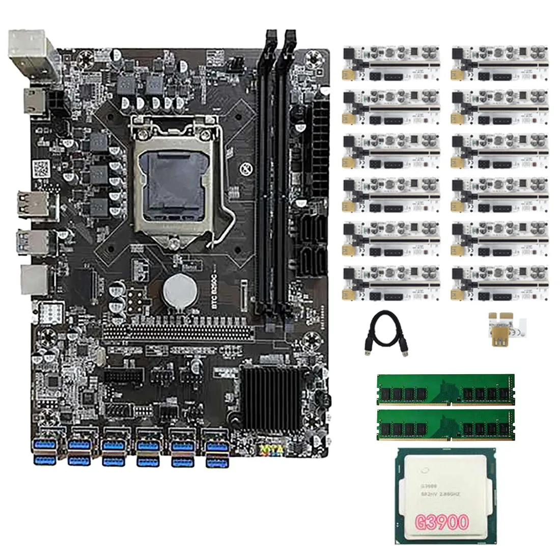 

B250C BTC Mining Motherboard Set with 12XVER010-X PCIE Riser Card+1XG3900 CPU+2X4G DDR4 RAM LGA1151 DDR4 DIMM 12 USB3.0
