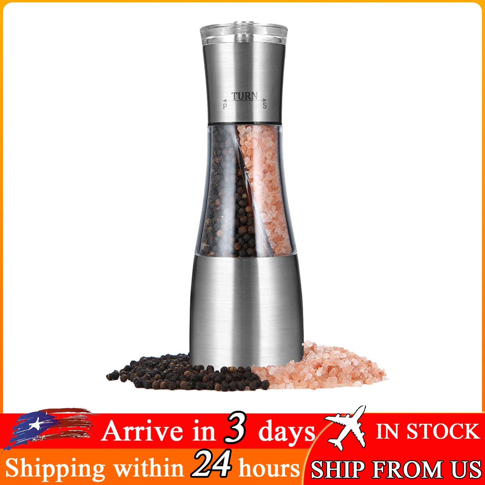 Salt and Pepper Grinder 2 In 1 Stainless Steel Salt and Pepper Mill Adjustable Coarseness Manual Grinder Refillable