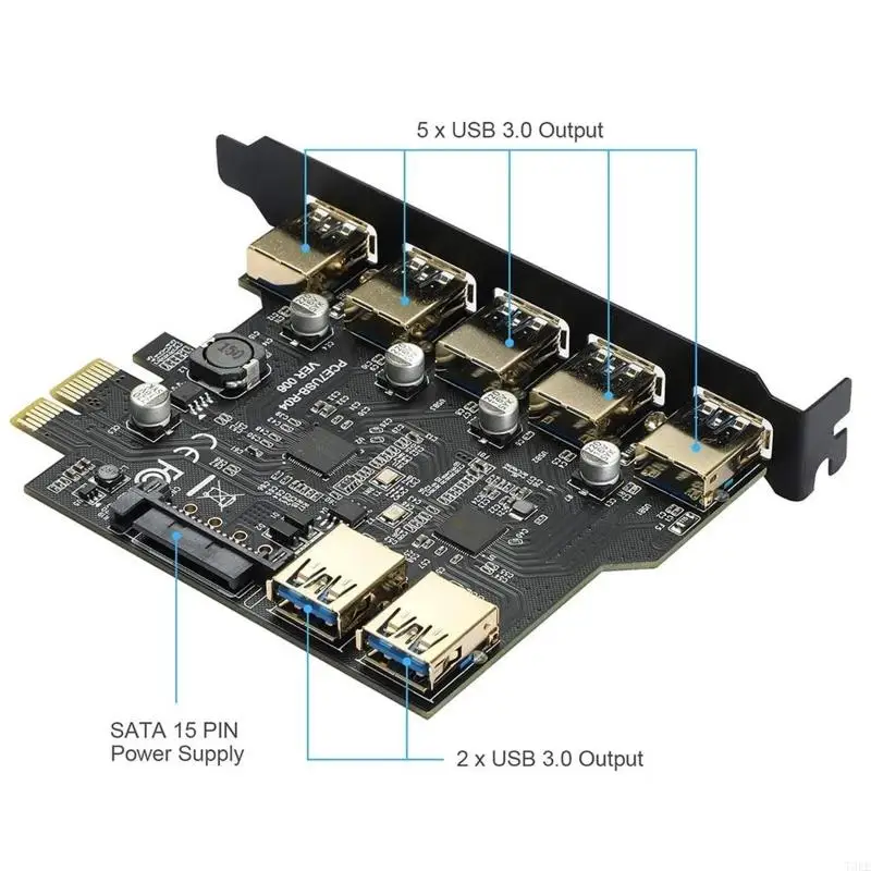 T3EE PCIE to USB3.0 Expansion Card Power Supply 7-port USB Extender Small Slot 5Gbps for Hard Drives Game Controllers