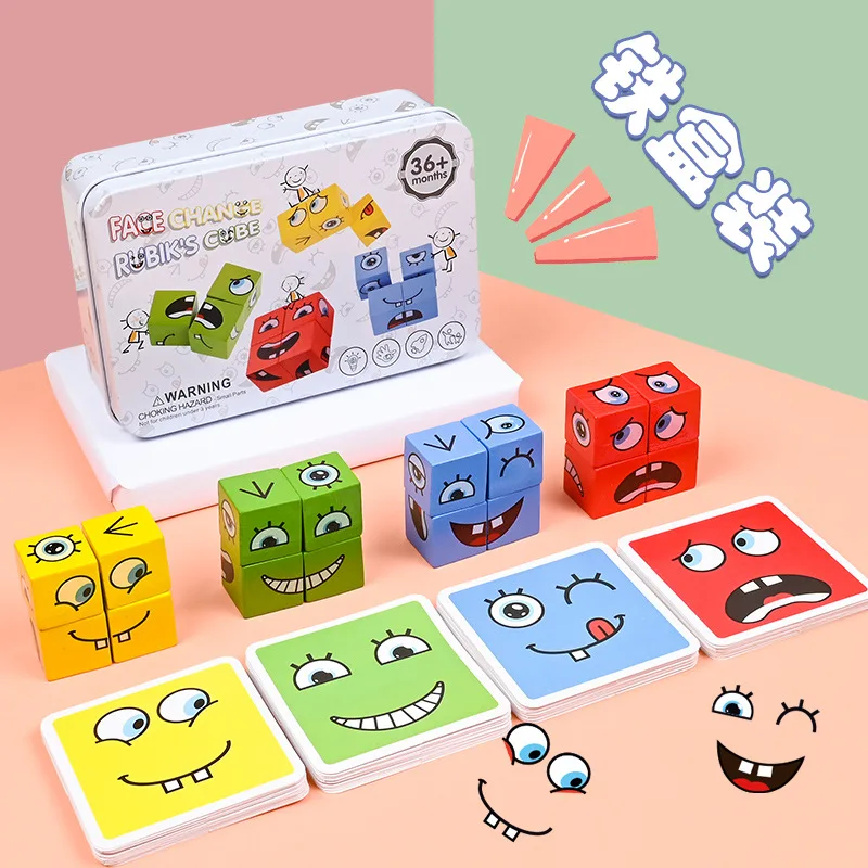 

Wooden Expression Puzzle Building Block Magic Face Cube Montessori Educational Games Toys Logical Thinking Training Kids Jigsaw