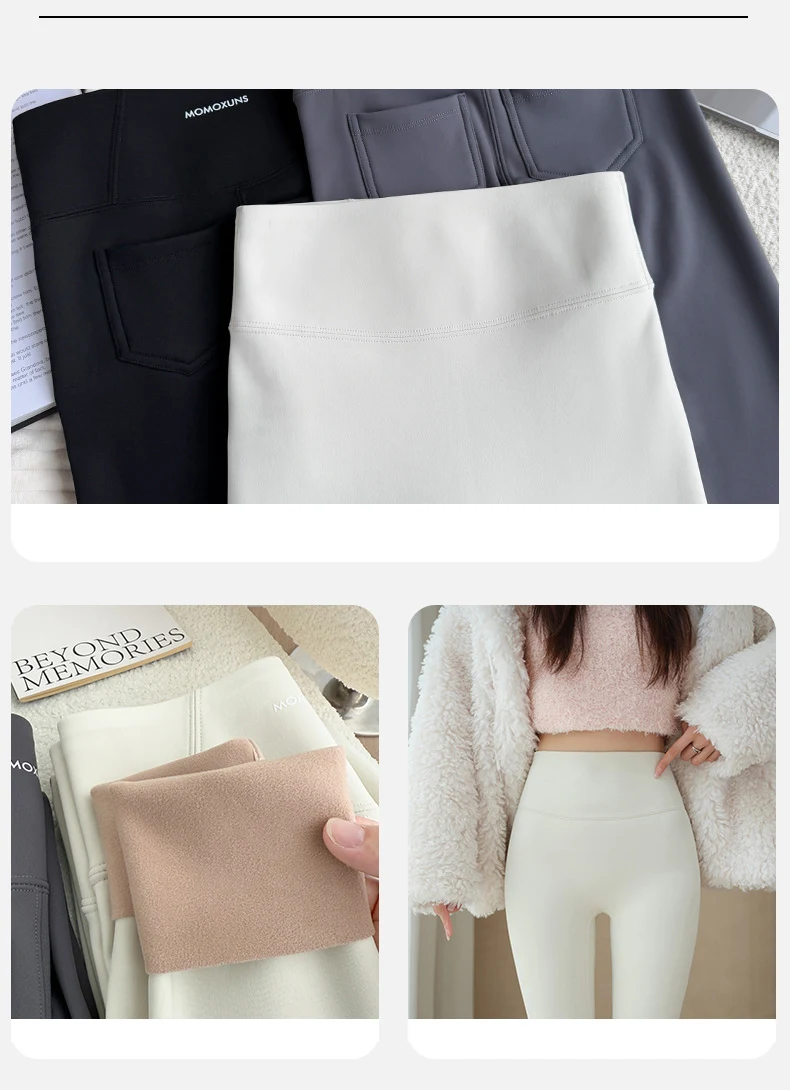 BIVIGAOS Fall Winter Fleece Warm Back Pocket Sharkskin Leggings Women High Waist Casual Thick Velvet Leggings Tight Brushed Pant