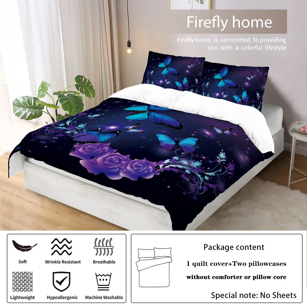 3-piece down duvet cover set with purple butterfly and rose pattern print (1 duvet cover+2 pillowcases, no core) bedding set