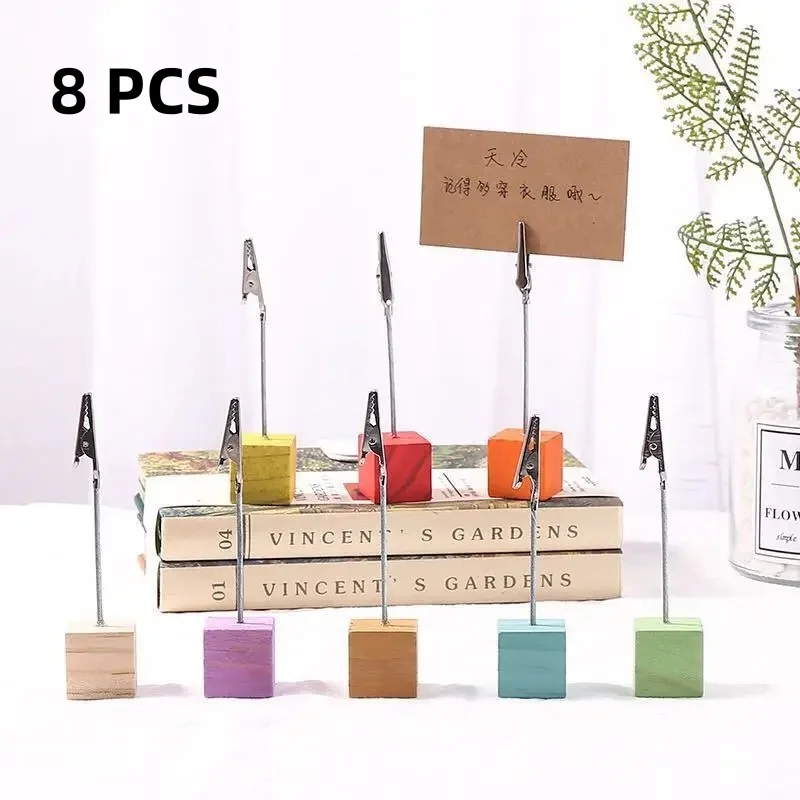 Packung mit 8 farbigen Würfelständern, Krokodildraht-Fotoklammern, Memo-Kartenhalter für Tisch, Hochzeit, Party, Gastgeschenk, individuelle Geschenk-Notizklemme – Detail 1