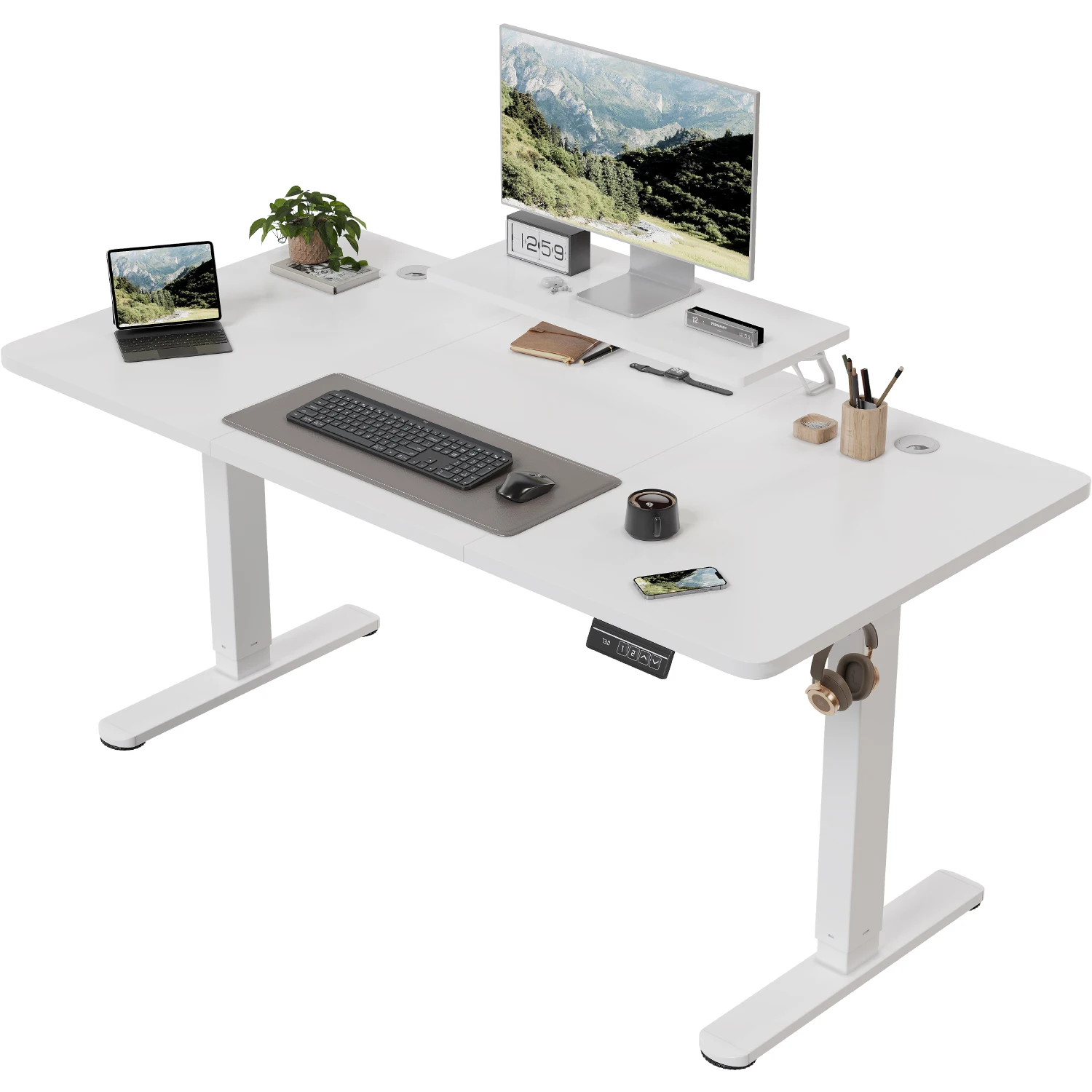 Devoko Scrivania elettrica regolabile in altezza 160×70 cm con supporto per monitor Sedile ergonomico Scrivania in piedi (Bianco)