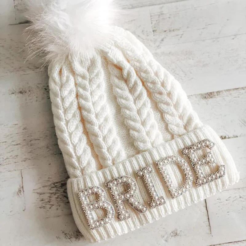 Pearl Bride to be Beanie Hat Fall Winter wedding mountain ski