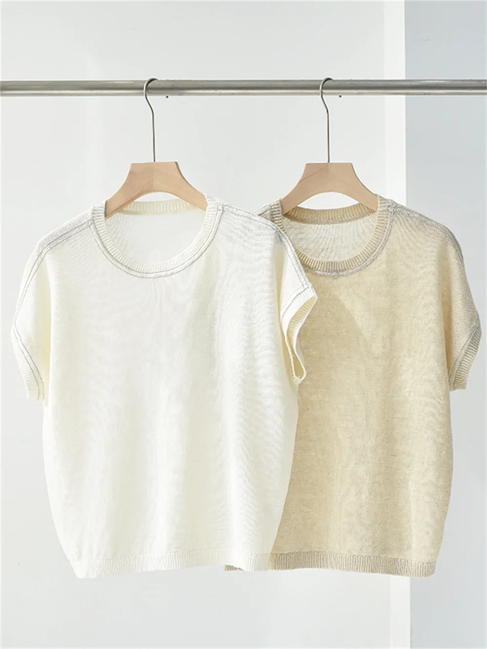 

Sweater for Women 2023 New Summer 100% Linen Hollow Out Breathable Beading O-Neck Loose Casual Short Sleeve Pullover
