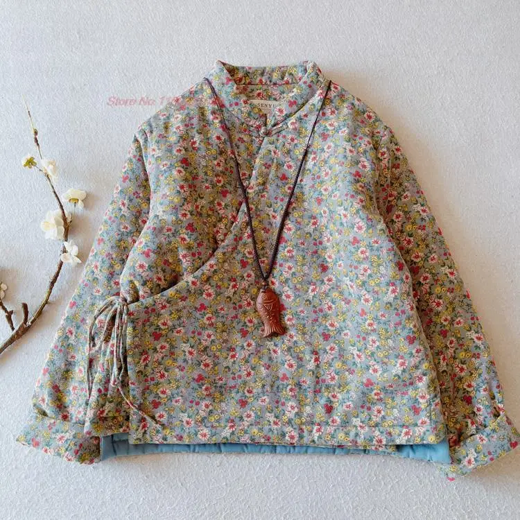 

2024 traditional chinese qipao coat national flower print cotton-padded jacket oriental retro stand collar cotton linen coat