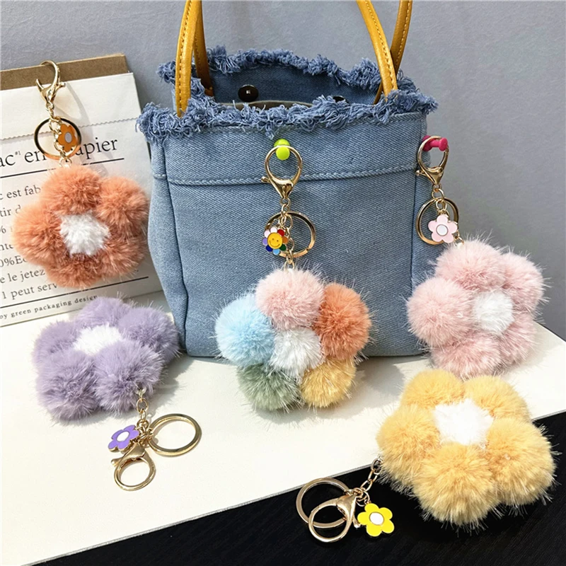 

1Pc Fur Flower Ball Key Ring Plush Pom Car Key Chains Lady Couple Bag Fashion Charm Flower Keychain Party Gift