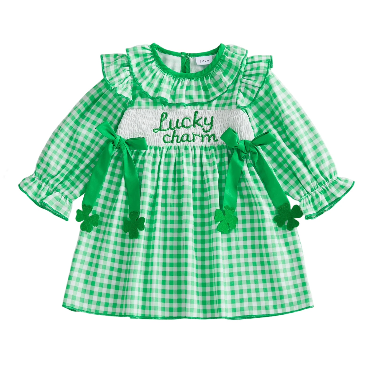 Girls Long Sleeve Plaid Dress with Crew Neck and Embroidered Bow Detail Casual Fall Dress for Kids