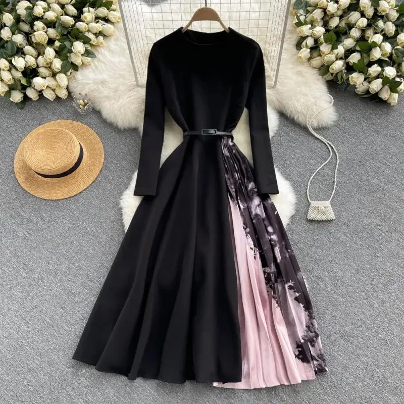 

New Autumn Casual Solid Slim Lady Full Dress A Line O Neck Chiffon Pullover Mid-Calf High Waist Women Dresses 500g