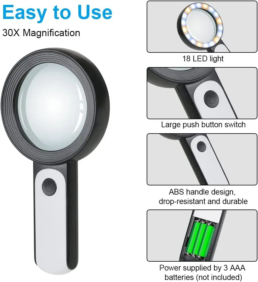 30X High Power Handheld Magnifying Glass Led Light Jumbo Illuminated  Magnifier 