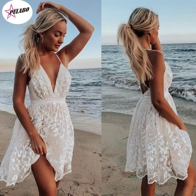 

PULABO Mid Calf Elegant White Lace Spaghetti Strap Midi Dress Summer Sexy V Neck Beach Dresses Women Party Vestidos Female