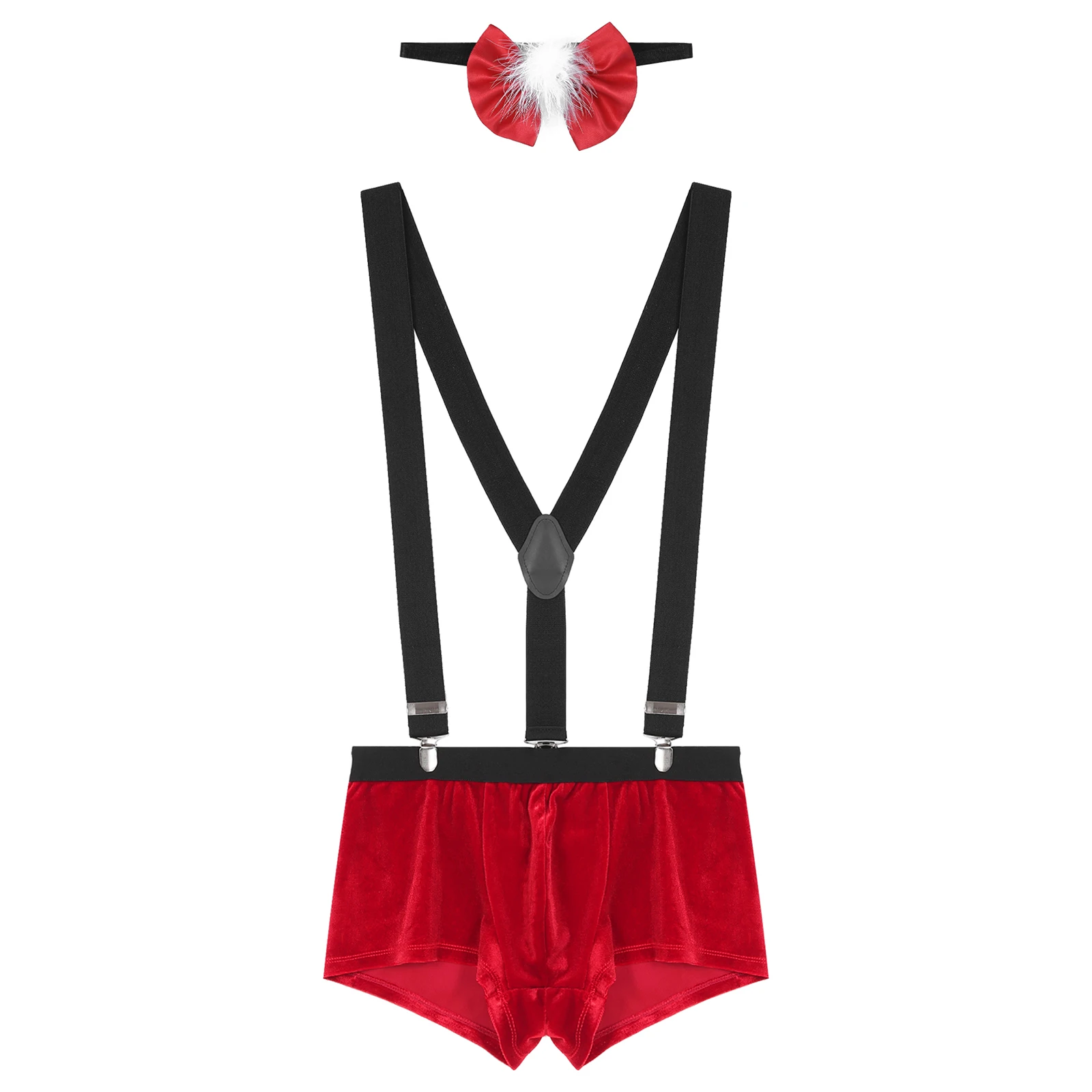 Mens Xmas Costume Santa Claus Christmas Cosplay Party Outfit Low Rise Bulge Pouch Velvet Boxer Shorts with Suspenders Bow Tie