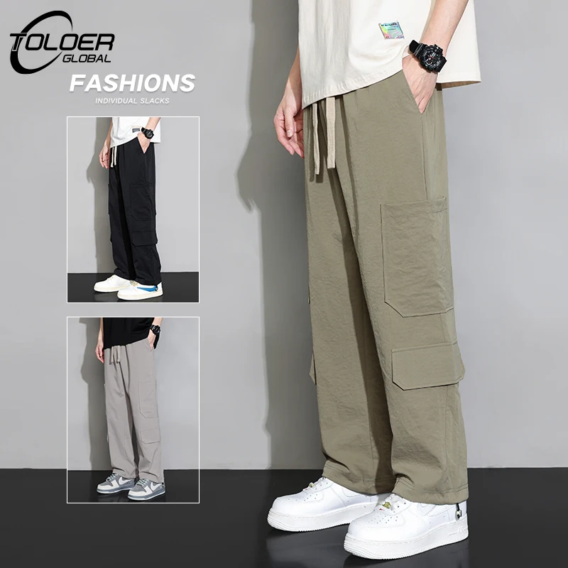 

Men Thin Ice Silk Running Pants Solid Color Waist Drawstring Loose Pants Multi-pockets Straight Leg Sweatpants Casual Trousers