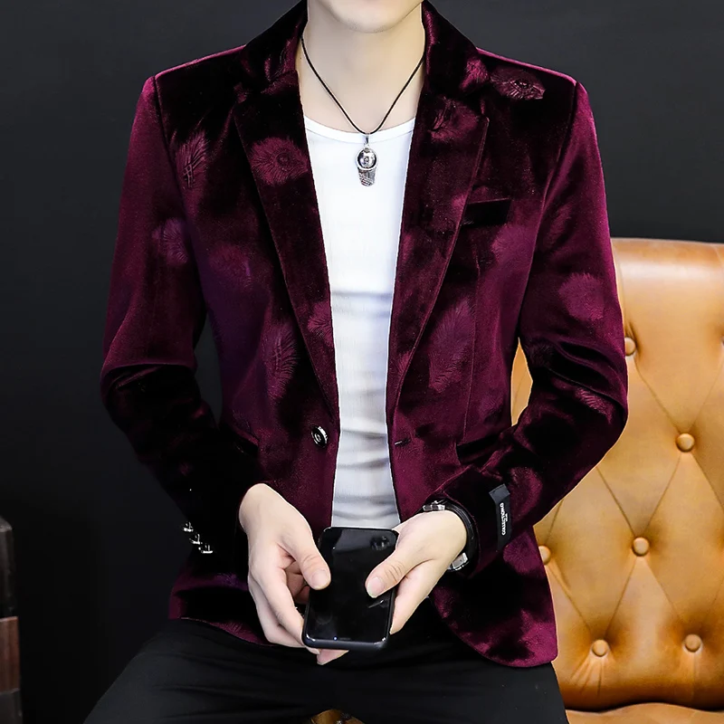 

Luxury Velvet Leaf Pattern Men Blazer New men's casual suit Korean fashion single suit fashion M-4XL