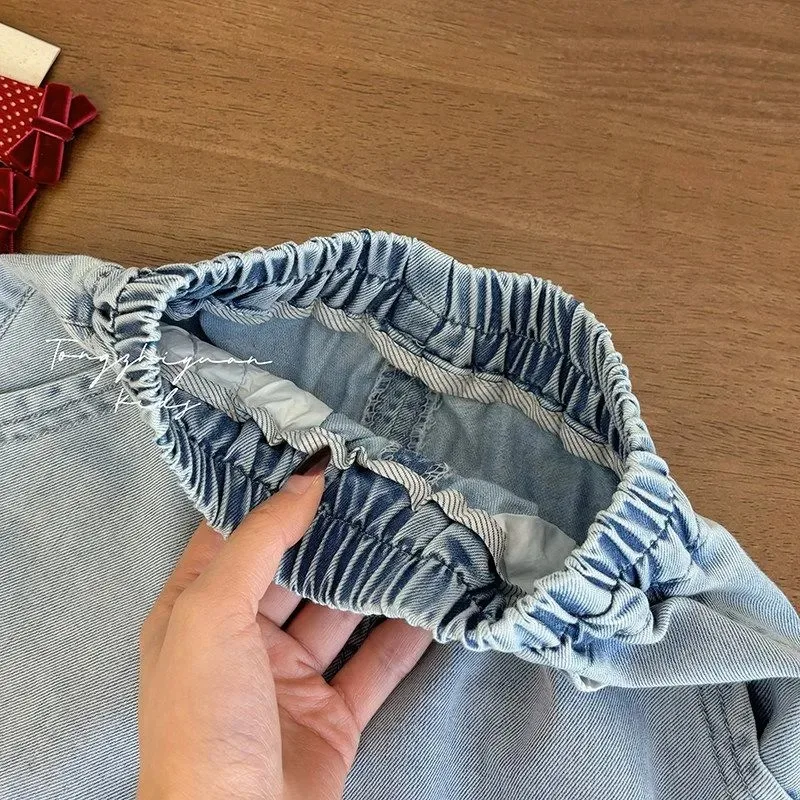 키즈 레이스 트림 데님 카프리 팬츠, 여아 루즈핏 와이드 레그 여름 바지 신축성 있는 허리 캐주얼 스트레이트 청바지