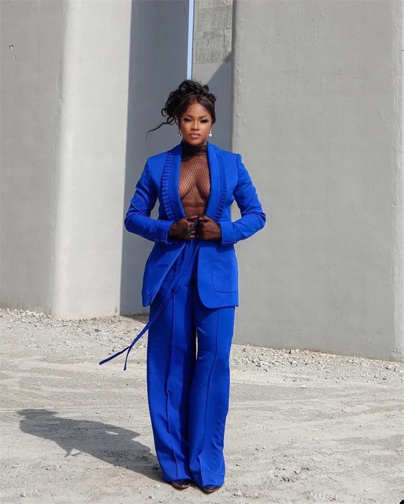 

Designer Women Pants Suits Set 2 Pieces Jacket Ruffles Lapel Blazer With Belt Blue Jacket Loose Prom Dresses Custom Made