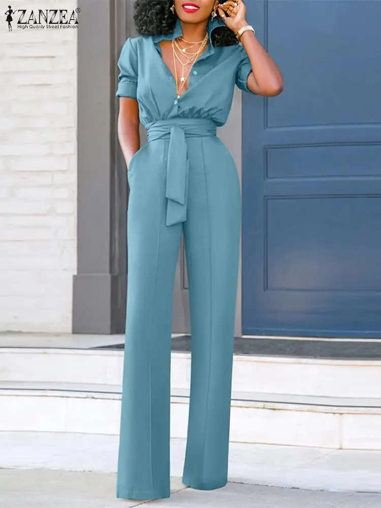 

ZANZEA Sexy Lapel Collar Long Romper Vintage Oversize Jumpsuit Office Lady Belted Loose Playsuit 2024 Spring Long Sleeve Overall