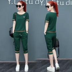 Summer 2023 New Women's Casual Suit Korean Version Loose Short Sleeve Tops And Capris 2 Two Piece Set Fashion Running Sportswear