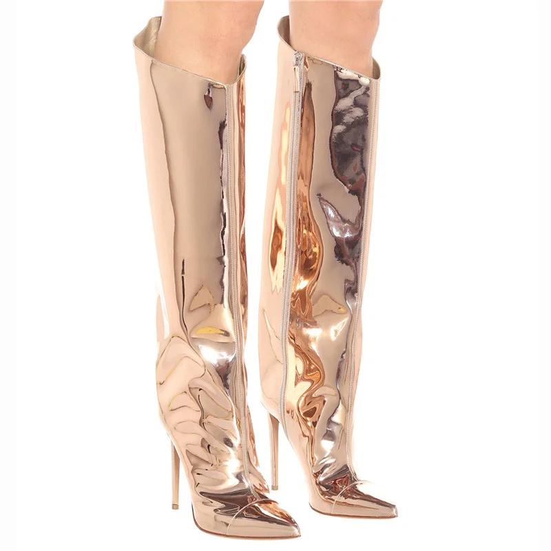 Thigh High Boots Candy Color Mirror Leather Women Knee High Boots Heels Stilettos Runway Shoes for Women Heel