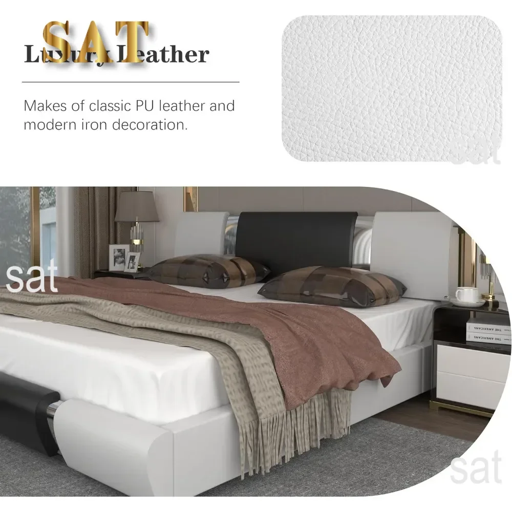 queen size bed frame, With faux leather upholstered headboard and wood slat support, Heavy duty mattress base，White & Black