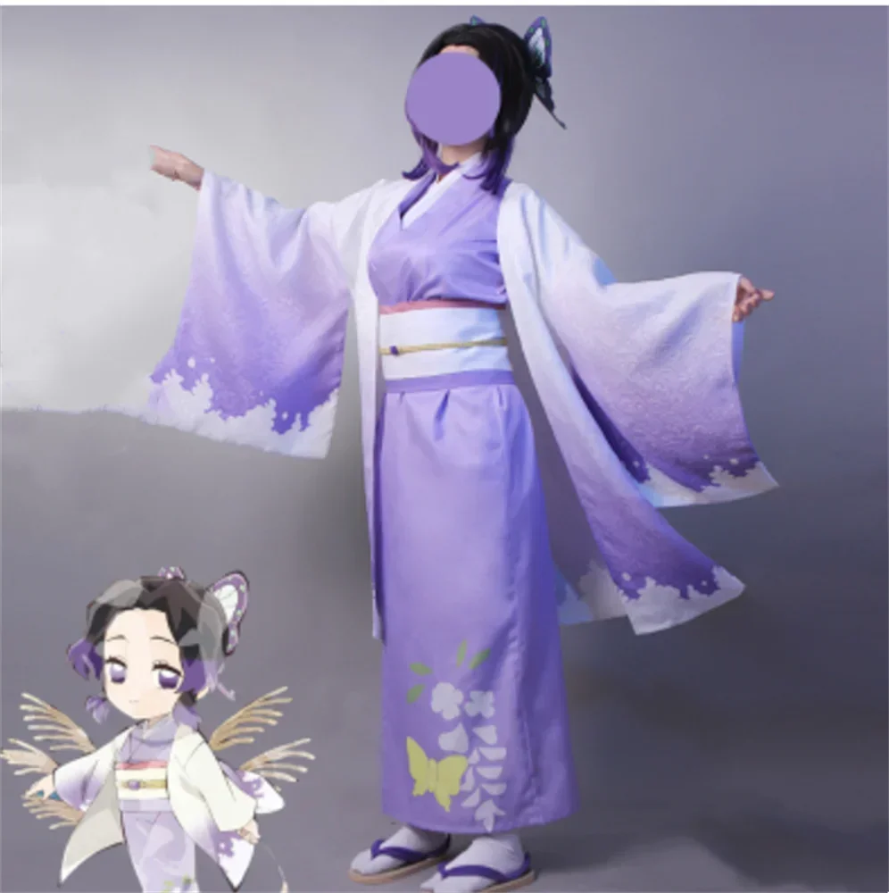

Anime Demon Slayer : Kimetsu no Yaiba Kochou Shinobu Purple Moon Kimono Women Cosplay Costume Dress + Coat + Belt + Headress