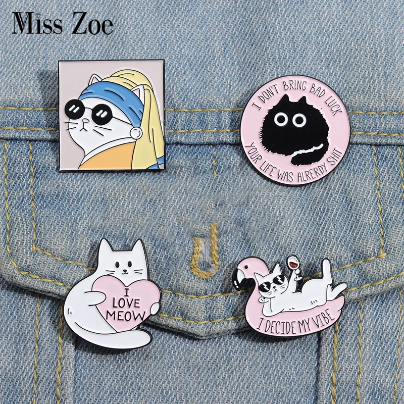 

I Love Meow Enamel Pins Custom Oil Painting Good Vibe Brooches Lapel Badges Cartoon Animal Fun Jewelry Gift Friends
