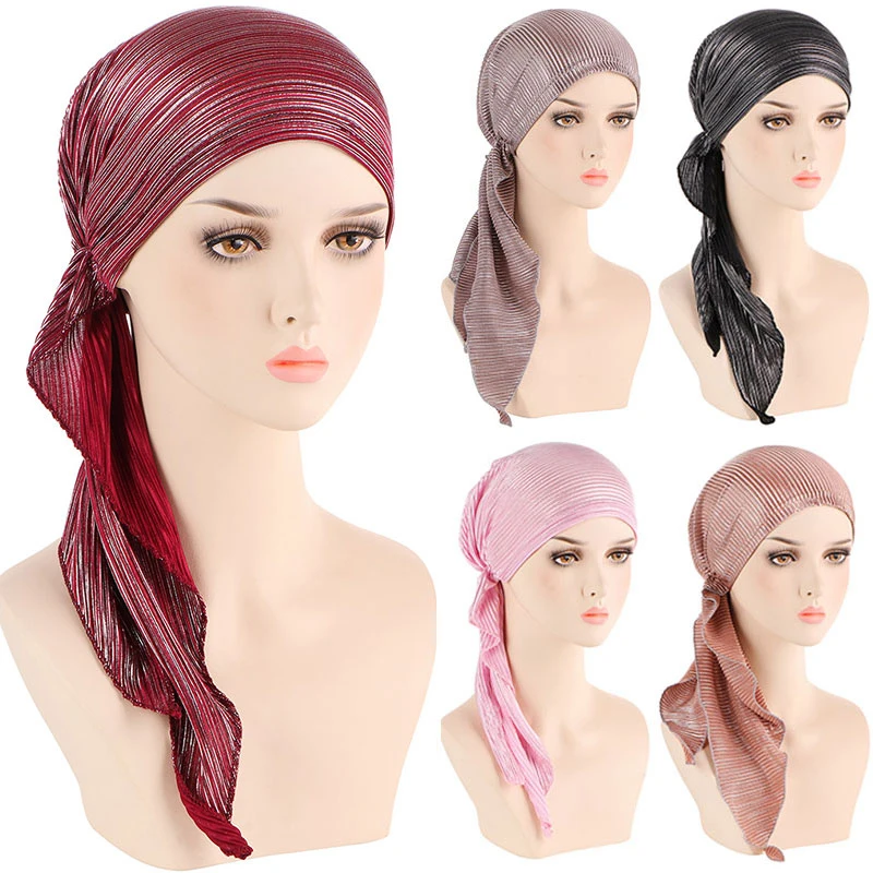 

Muslim Women Soft Stretch Turban Hat Pre-Tied Head Scarf Printed Ladiess Cotton Cancer Chemo Cap Inner Hijabs Hair Accessories