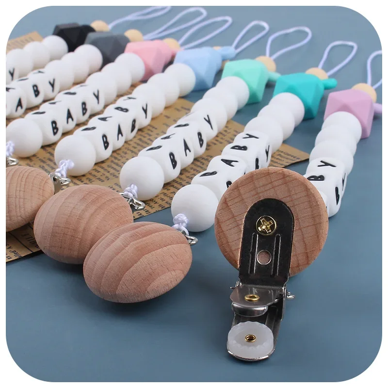 Custom English Silicone Letter Name Animal Silicone Beads Pendant Pacifier Clips Chains Teether Baby Shower Gifts