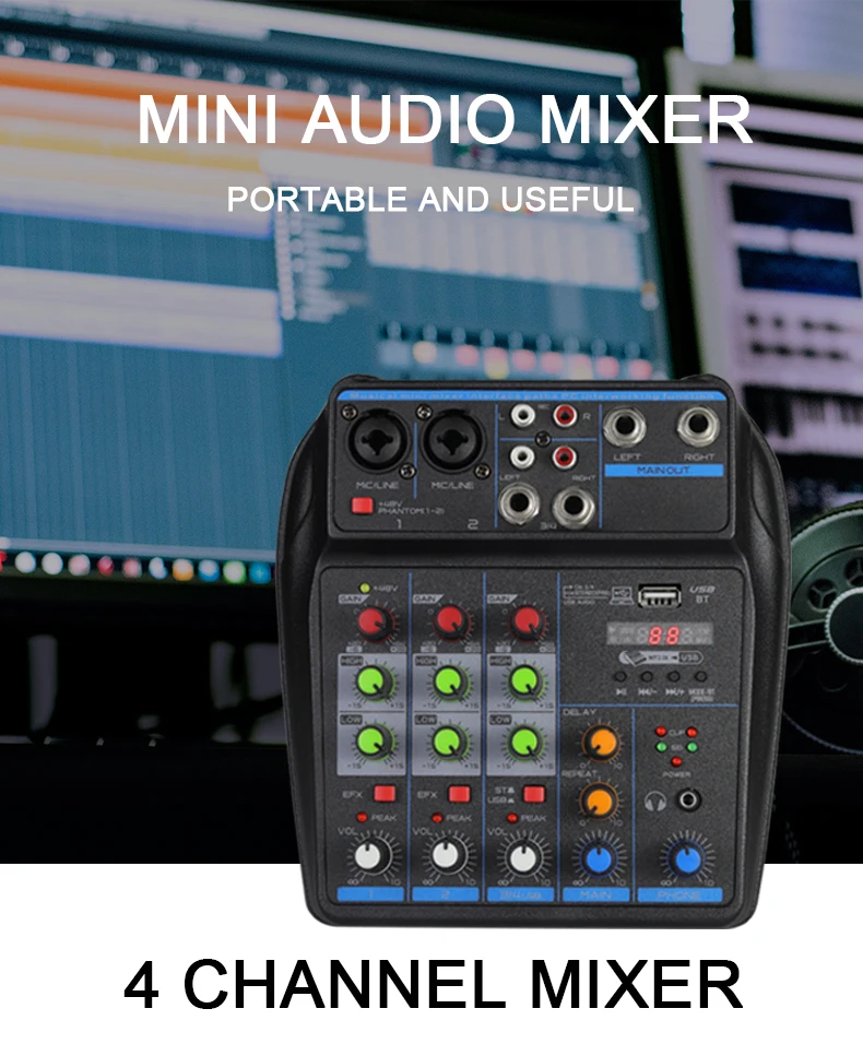 4-канальный микшер DJ, микшерная консоль с Bluetooth 48 В, монитор ...