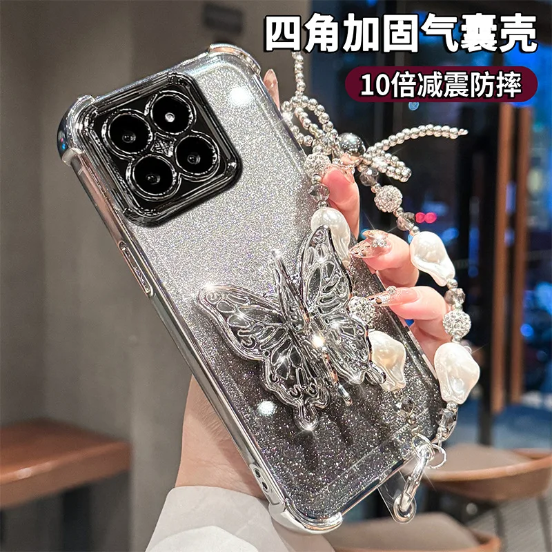 Gradient Glitter Pearls Butterfly Wrist Chain Holder Stand Shockproof Case