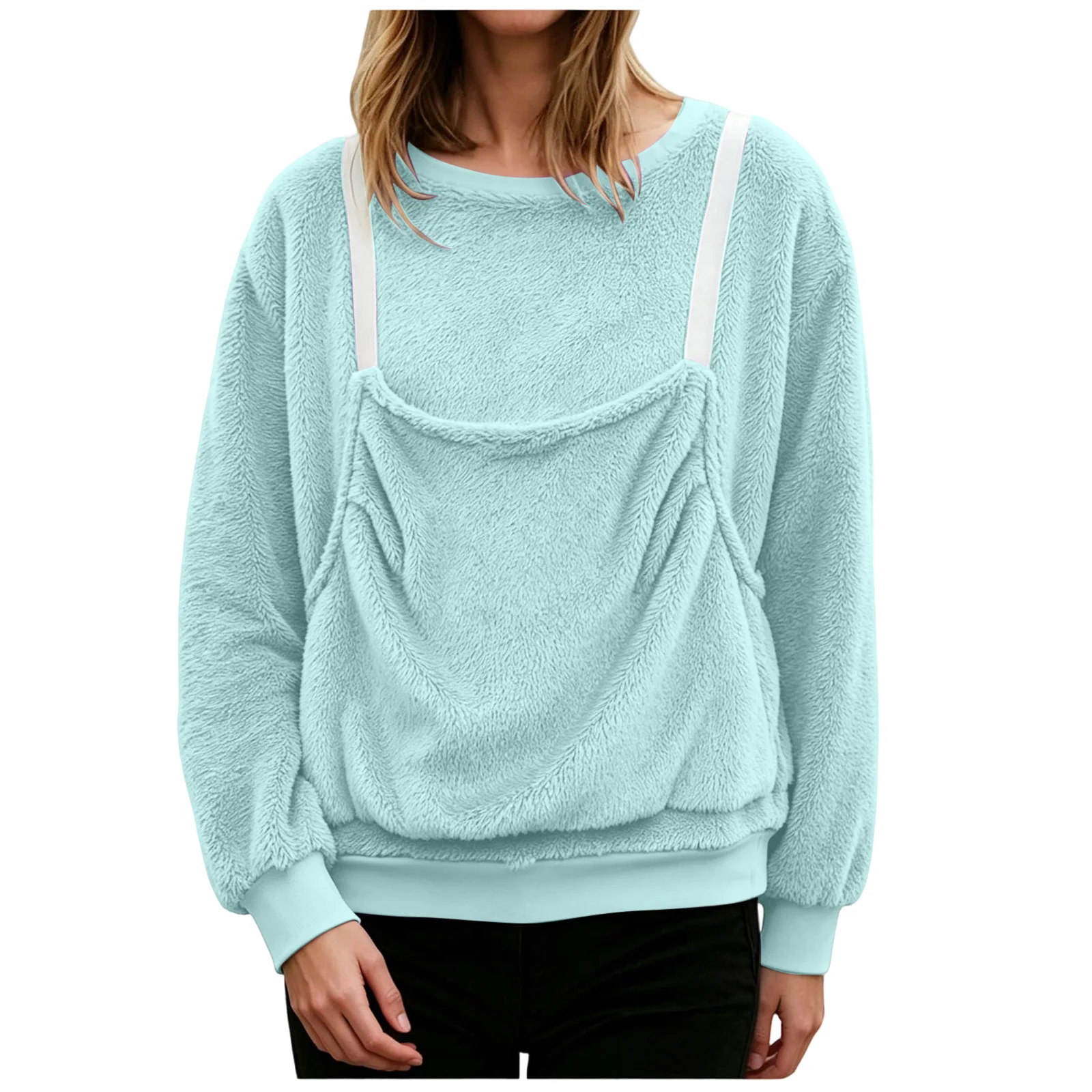 Women Fall And Winter Casual Plush Solid Color Pet Pocket Crew Neck Hoodless Sweatshirt Funny Jogging Suits Women Petite