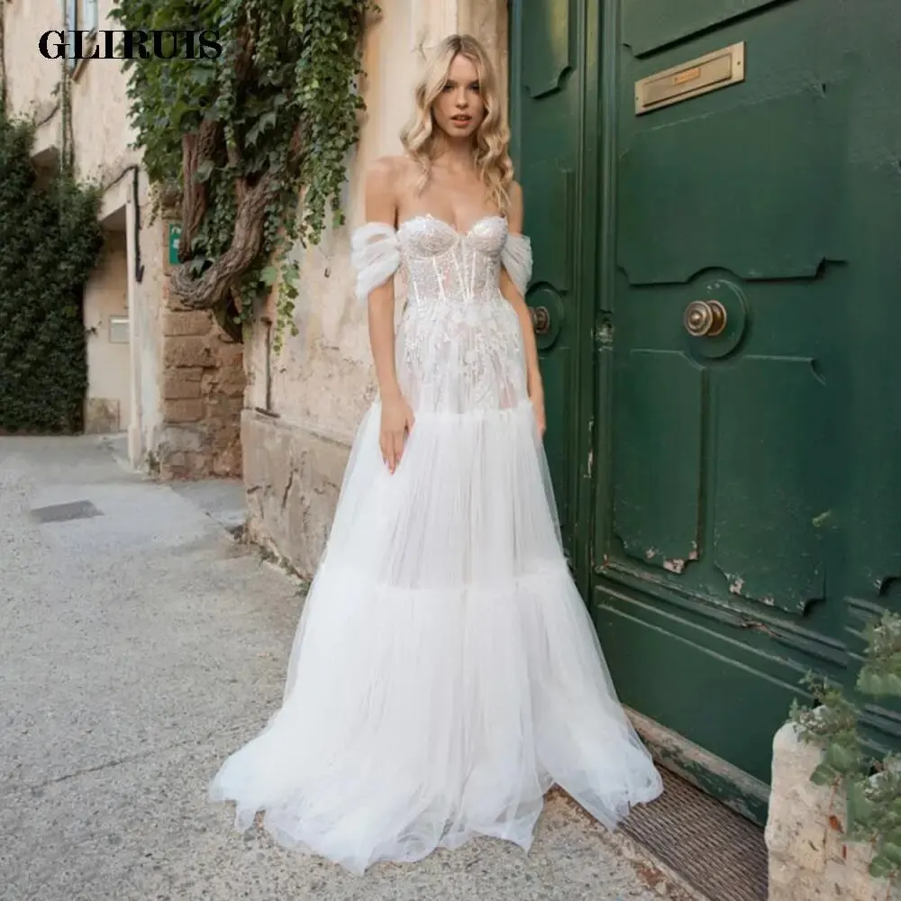 

2022 Princess Lace And Tulle Beach Wedding Dresses Sweetheart Off The Shoulder Straps Bridal Gowns Beading Brides Dress Robe