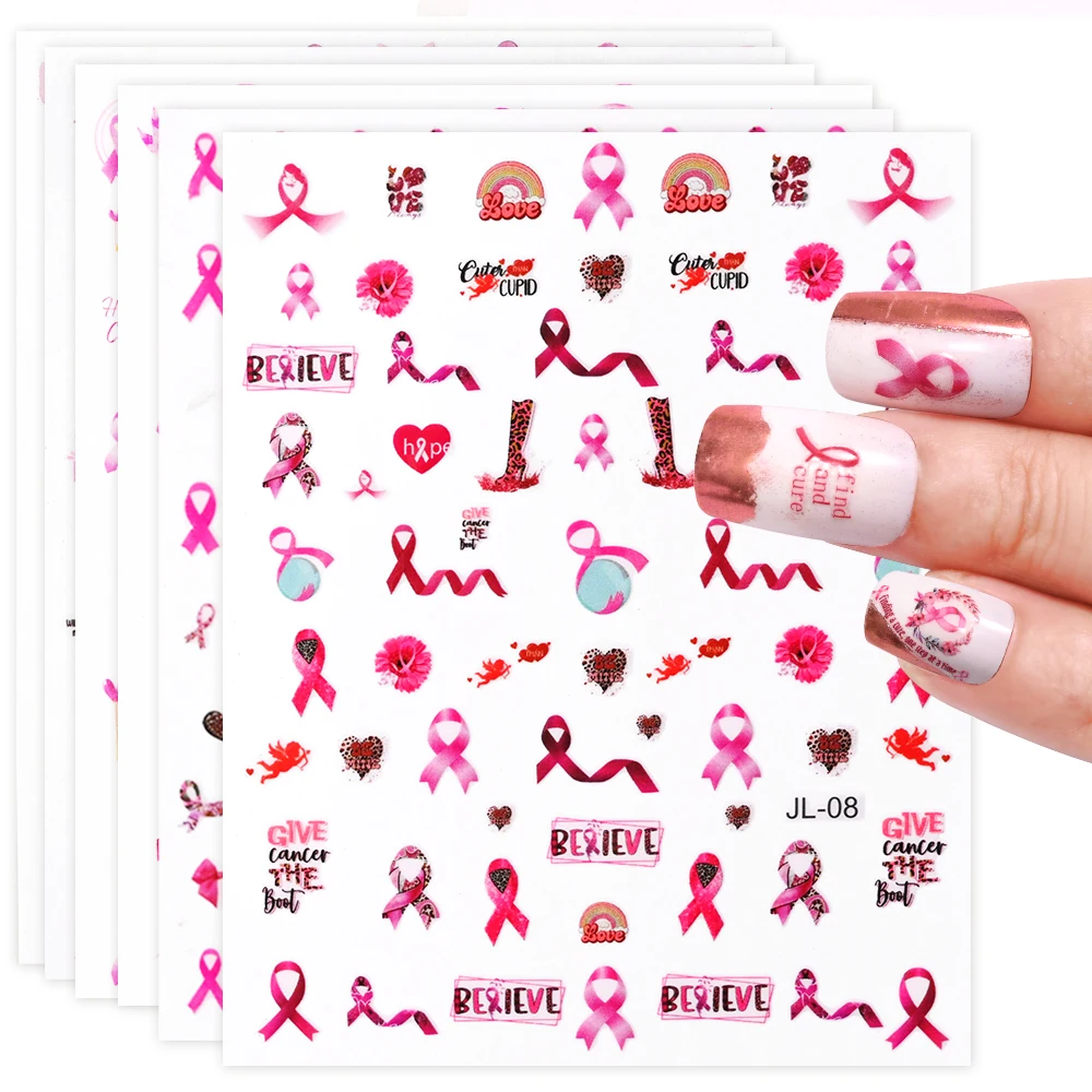 

6 Sheet Breast Cancer Awareness Day Nail Art Sticker World Love Breast Health for Women Pink Ribbon Faith Hope Fight Decals