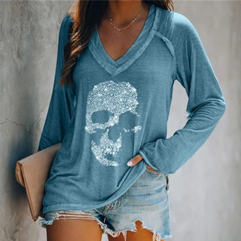 Женская футболка с V-образным вырезом черепом и длинным рукавом лето 2021 | одежда