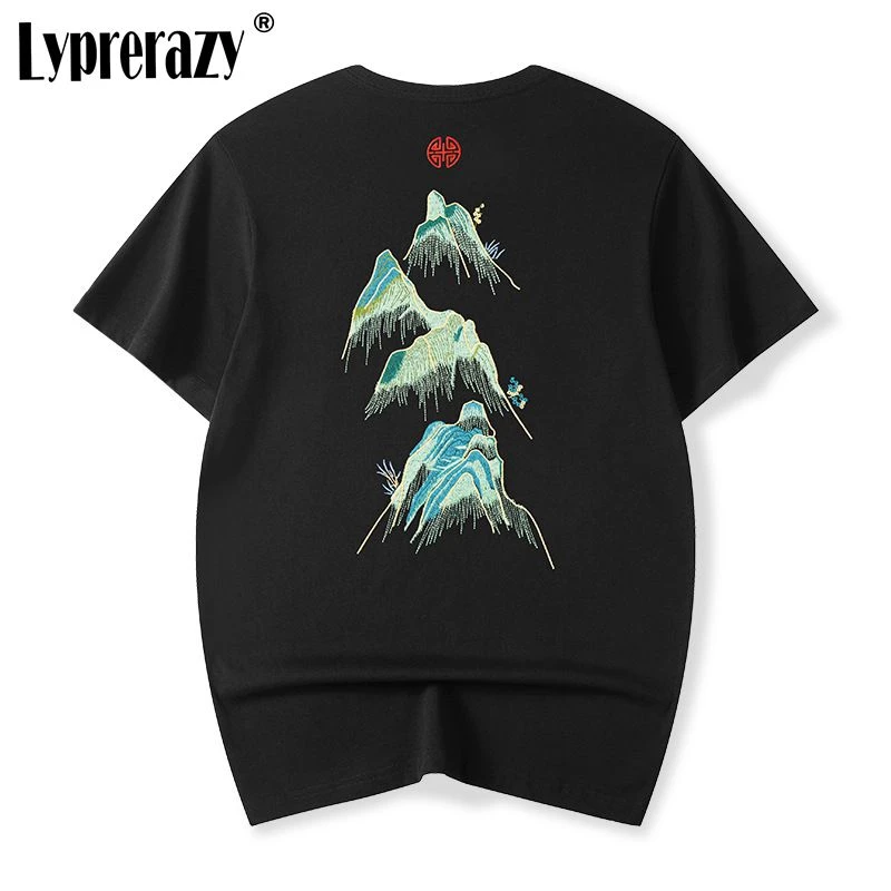 

Lyprerazy Chinese Style Landscape Embroidery Short-sleeved T-shirt Summer Tide Brand Cotton Men's Tees
