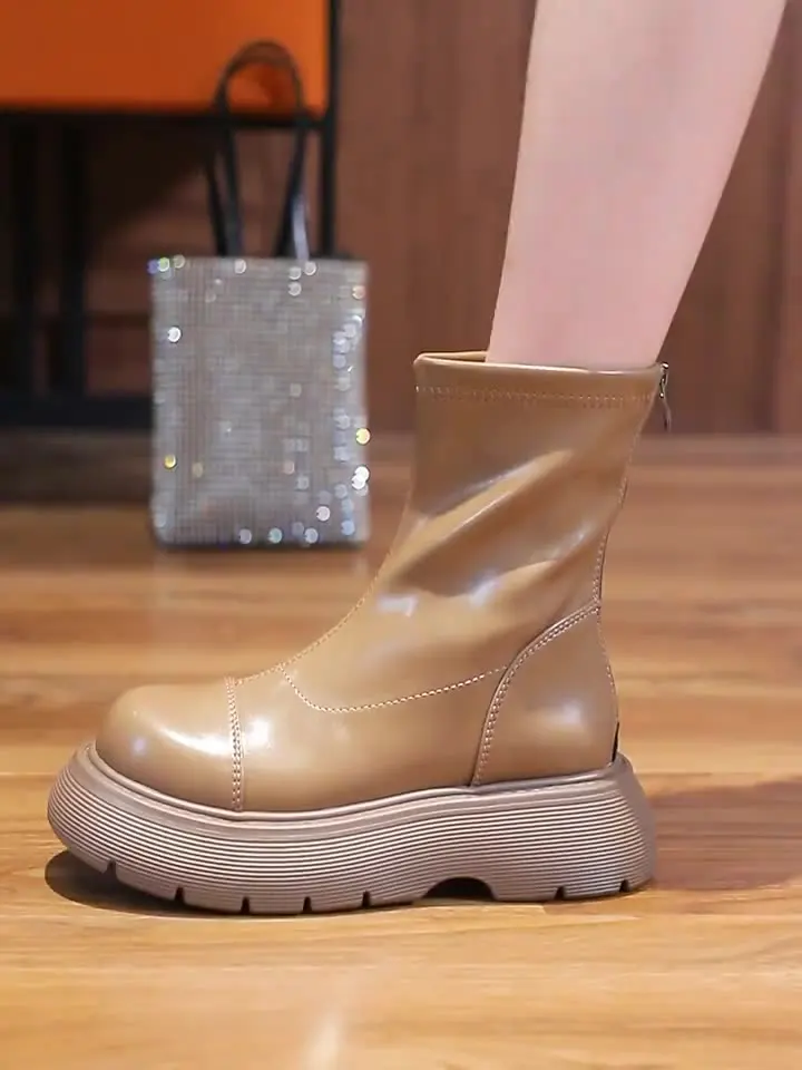 

White Mid-Calf Boots Rock Shoes Woman Zipper Boots-Women Luxury Designer Round Toe Flat Heel Low Rubber Lolita Ladies 2023 Fashi