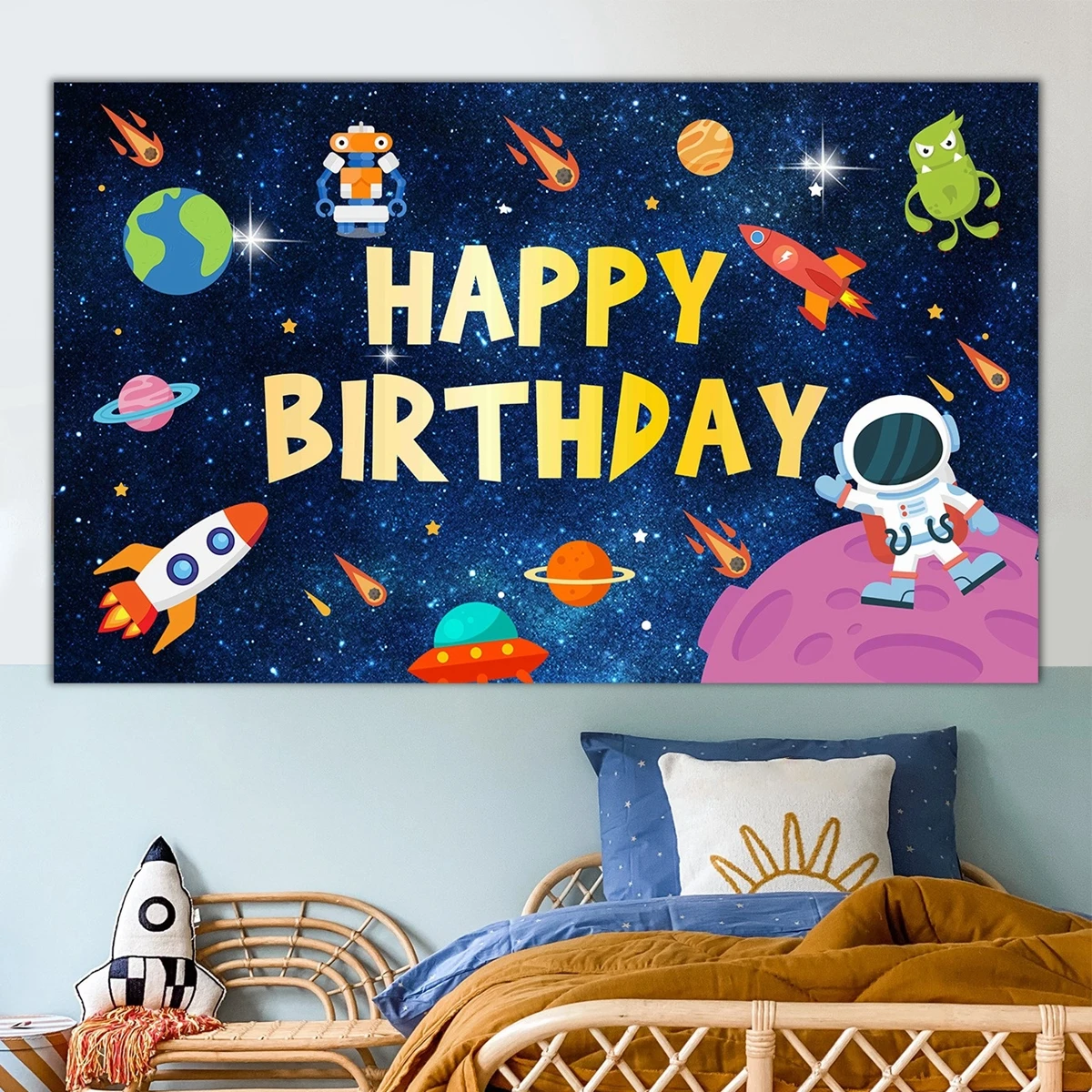 Universe Space Background Cloth Planet Spacecraft Astronaut Backdrop Baby Boy Birthday Party Decor Starry Sky Backdr