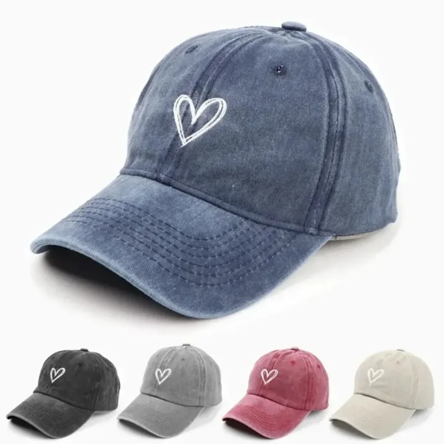 Casquette Homme Spring/Summer Hat Female Embroidered Peach Heart Wash Denim Baseball Hat Casual Korean Version Thin Gorras 2