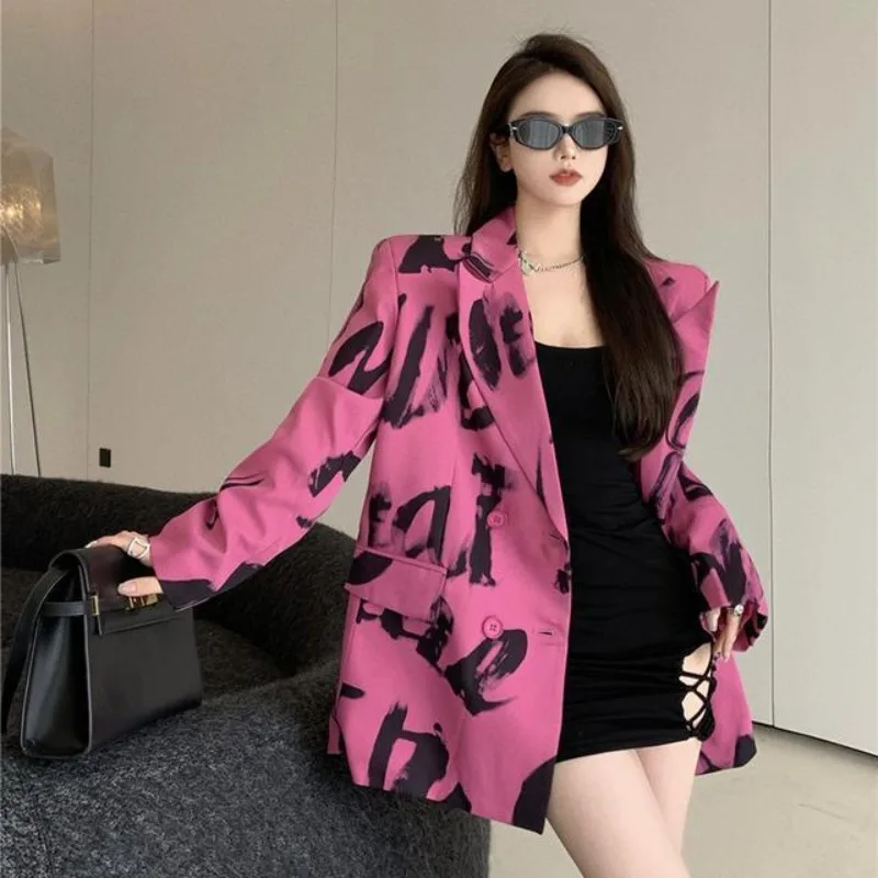 DAYIFUN Letter Printed Blazers Woman Notched Loose Long Sleeve Pink Suits Coats Streetwear Female 2024 Autumn Lady Jackets Tops